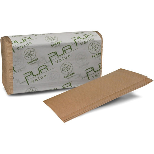 PUR Value Singlefold Paper Towels, 1-Ply, Natural, 9"x 9.45", 250 Sheet, Case of 16