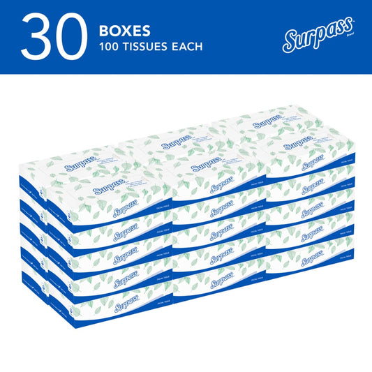 Surpass® Facial Tissue, 2-Ply, Flat Box, White, 30 Boxes, 100 Tissues, 21340