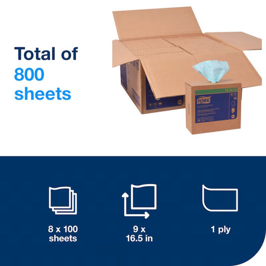 Tork Low-Lint Cleaning Cloth Turquoise, 1 Ply, 100 Wipers/Box, 8 Boxes/Case - W24 192475
