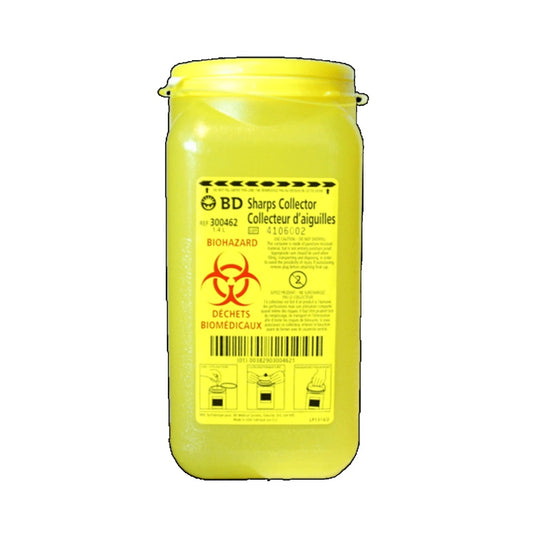 Close up view of 1.4L BD Sharps with yellow cap on White background