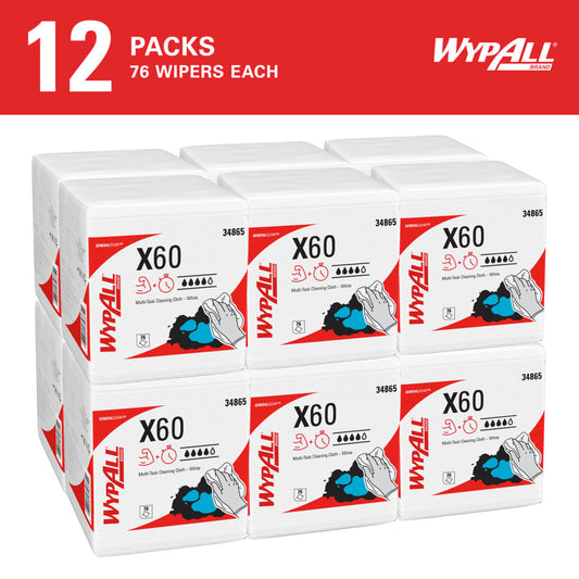 WypAll® X60 Reusable Washcloth Rags, White, 12.5"x12", Rectangular, Terry Cloth, 76 Sheets, 34865 - Packs of 12