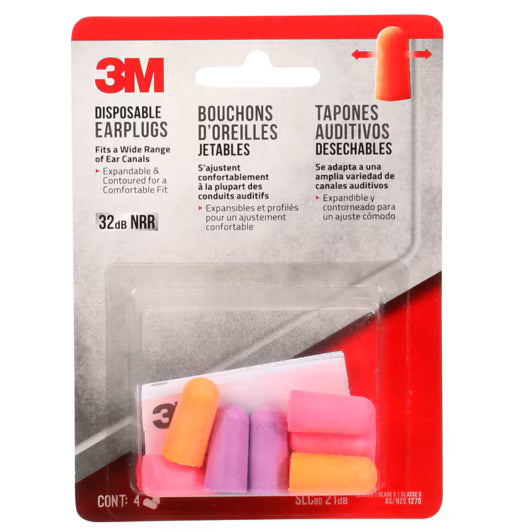 3M™ Disposable Earplugs 92050H4-DC, 32 dB NRR, Assorted Colours, 4 Pairs/Pack - 10 Packs Per Case