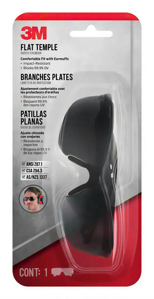 3M™ Flat Temple Safety Eyewear 47011H1-DC, Black Frame, Black Lens