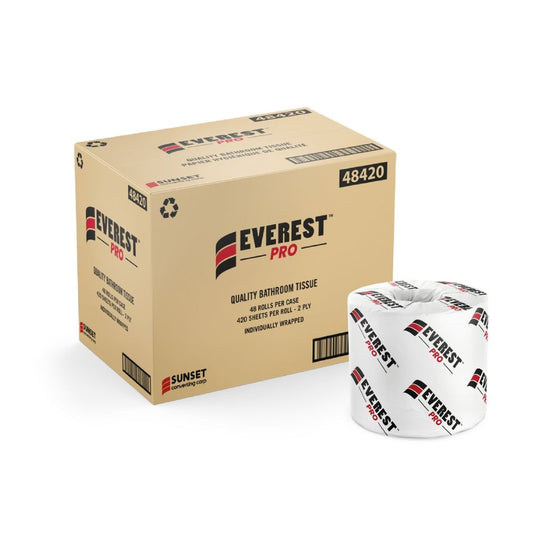 Everest Pro ™ White Standard Toilet Paper, 420 Sheets, 2-Ply, 4" x 3" x 4.25" - Case of 48 Rolls