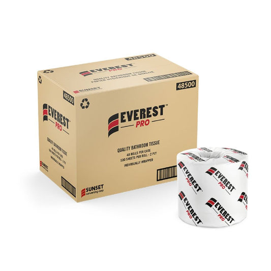 Everest Pro ™ White Standard Toilet Paper, 500 Sheets, 2-Ply, 4" x 3" x 4.38" - Case of 48 Rolls