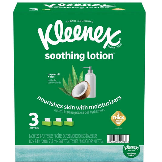 Kleenex Soothing Lotion Facial Tissue with Coconut Oil, Aloe &amp; Vitamin E, 3 Packs, 120 Ct, 54293