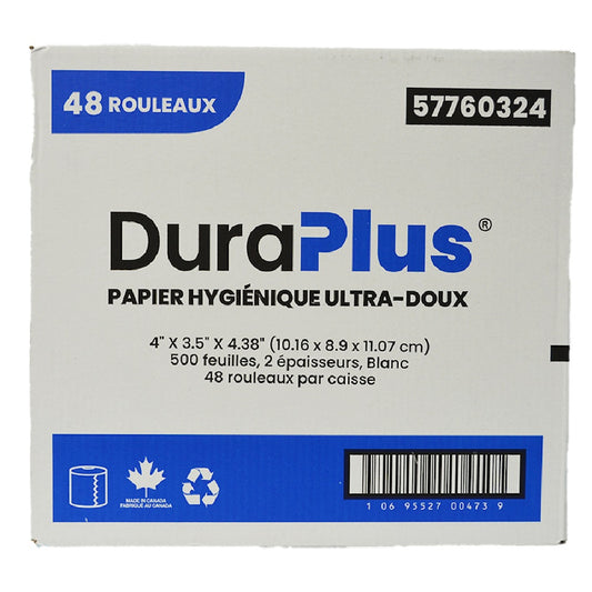 Dura Plus Toilet Tissue Paper, 500 sheets, 2-ply, White, 57760324- Case of 48 Rolls