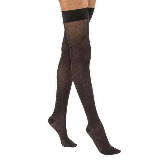 JOBST UltraSheer Diamond Pattern Compression Stockings, 15-20 mmHg, Thigh High, Silicone Dot Band, Closed Toe, Classic Black