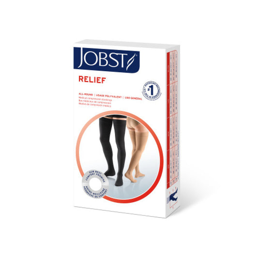 JOBST Relief Compression Stockings 15-20 mmHg Thigh High, with Silicone Dot Band, Open Toe, Beige