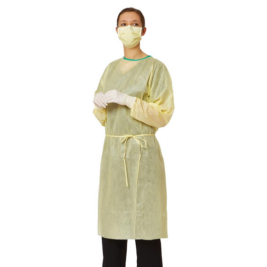 AAMI Level 2 Isolation Gown with Elastic Wrists, Tape-Tab Neck, Medium-Weight, Yellow, Large, NONLV200 - Case of 100