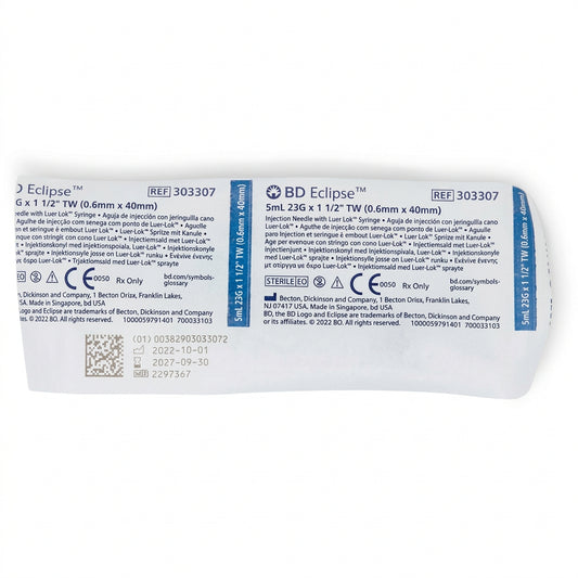 BD Syringe 5 mL LL 23G x 1 1/2" Eclipse RB TW, 303307