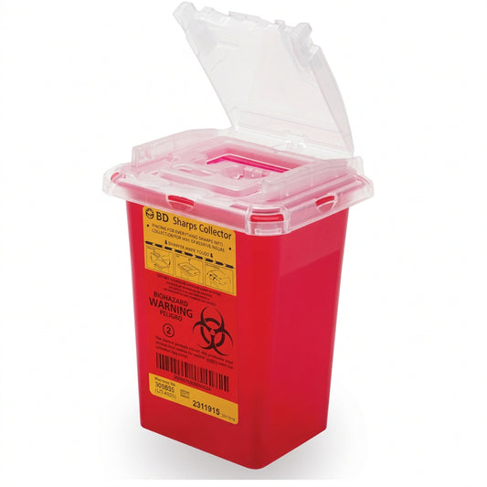BD® Phlebotomy Sharps Container, Hinge Cap with Needle Ports, Red, 1qt - Case of 60, 305635