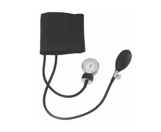 Black blood pressure cuff with gauge on a white background