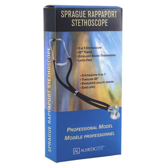 Box of Sprague Rappaport stethoscope with blue and black design