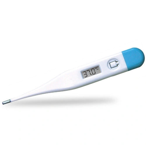 Digital thermometer with blue end on a white background