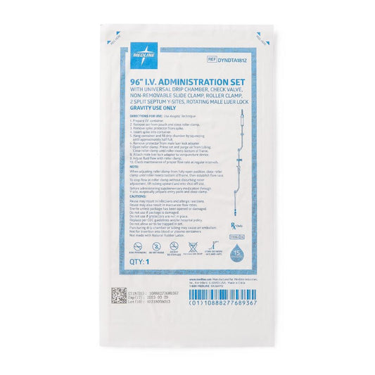 Medline IV Administration Set with 2 Pre-Slit Ports, 15 Drops/mL 96 in. - Case of 50