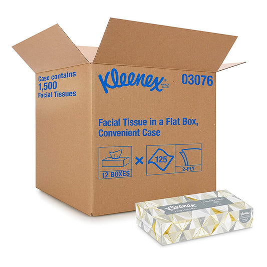 Kleenex Facial Tissue Flat Box, 2-Ply, White, 12 Boxes, 125 Sheets, 03076
