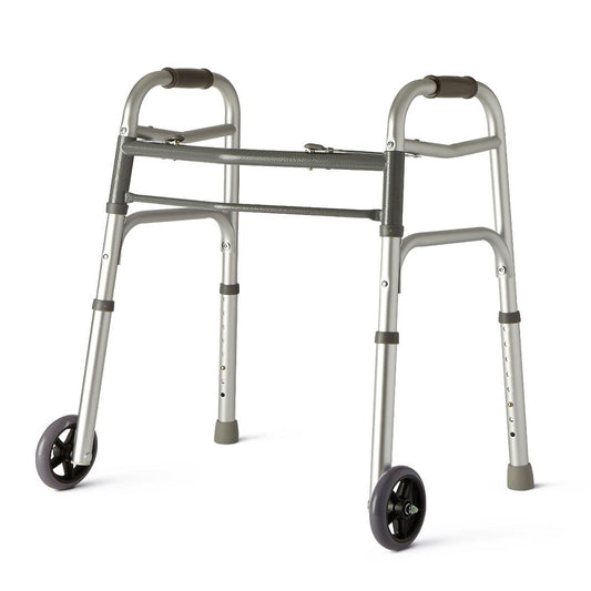 Medline Youth Walker, 2 Button, Folding, Junior, Basic, 5" Wheels, 300 lb Capacity