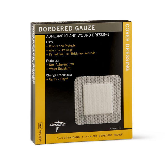 Sterile Bordered Gauze Adhesive Island Wound Dressing, 6" x 6" with 4" x 4" Pad - Box of 15