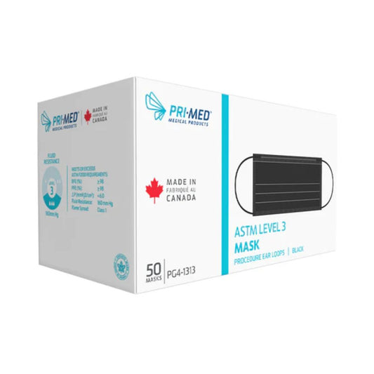 PRIMED ASTM Level 3 Medical Face Masks, 4-Ply, Ear Loops - Black