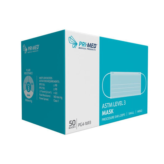 PRIMED ASTM Level 3 Small Adult Masks, Earloop - Indigo