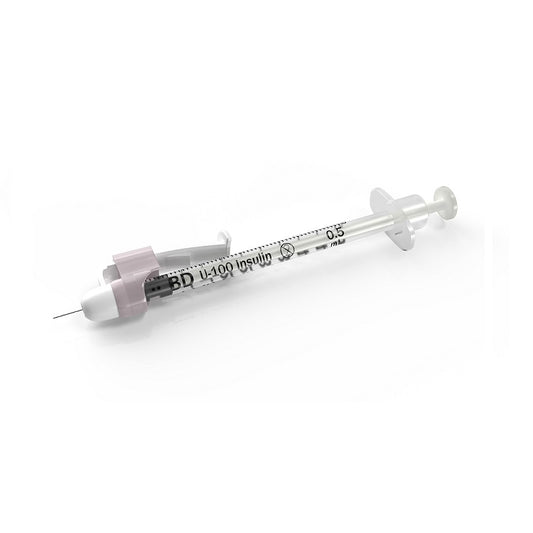 SafetyGlide™ Insulin Syringe with Permanently Attached Needle, 1/2mL, 29GA OD, 1/2"