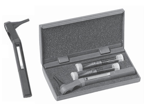 Set of medical tools including an otoscope in a gray case on a white background
