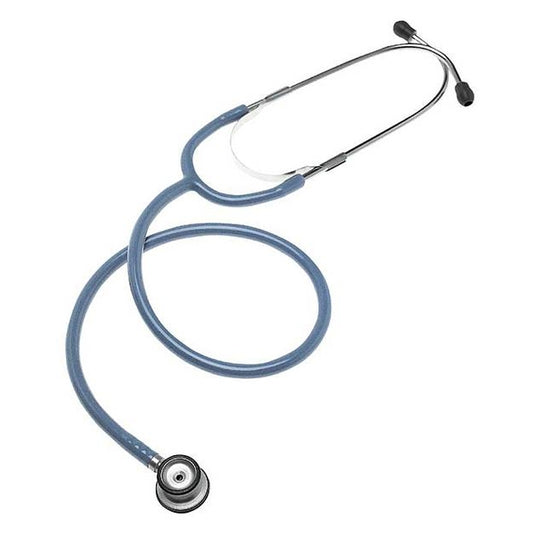 Stethoscope with blue tubing on a white background