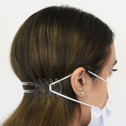 A Women Wear Universal Face Mask Band with White Face Mask