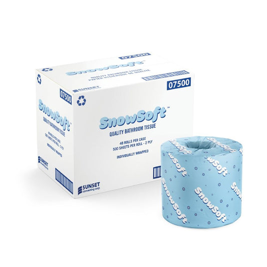 SnowSoft ™ White Standard Toilet Paper, 500 Sheets, 2-Ply, 4" x 3" x 4.38" - Case of 48 Rolls