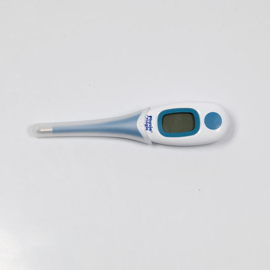 Physio Logic AccuflexPro+ 5 second Digital Thermometer placed on a surface with a cover