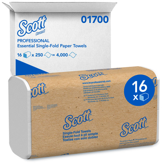 Scott® Essential Folded Towel, 1-Ply, White, 16 Packs, 250 Towels, 01700