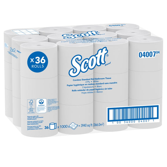 Scott® Essential Coreless Standard Roll Toilet Paper, 4.00" x 3.7", 2 Ply, White, 36 Rolls, 04007