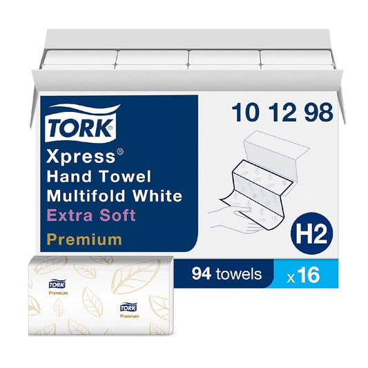 Tork Xpress Extra Soft Multifold Hand Towel White with H2 Blue Leaf, 2-Ply, 4-Panel