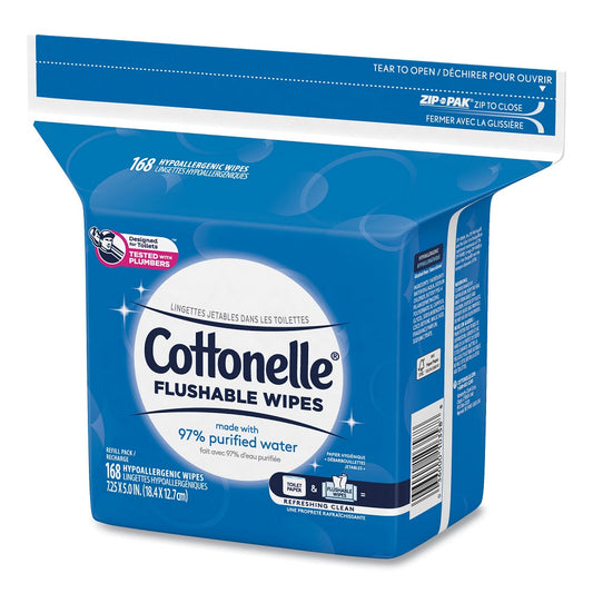 Cottonelle Fresh Care Flushable Cleansing Cloths, 1-Ply, 5 x 7.25, White, 168 ct, 8 Packs, 10358CT
