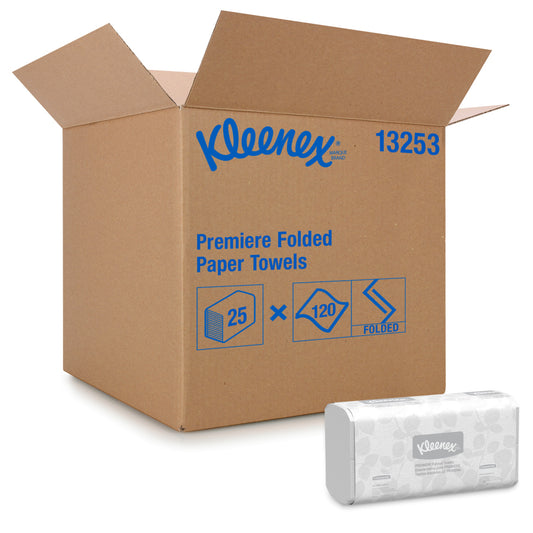 Kleenex Premium Folded Paper Towels with Fast-Drying Absorbency Pockets, White, 25 Packs, 120 Trifold Towels, 13253