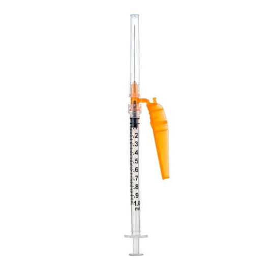 SOL-CARE™ 1cc Luer Lock Syringe and Safety Needle 27G x 1/2" - Box of 50 (Flip Style)