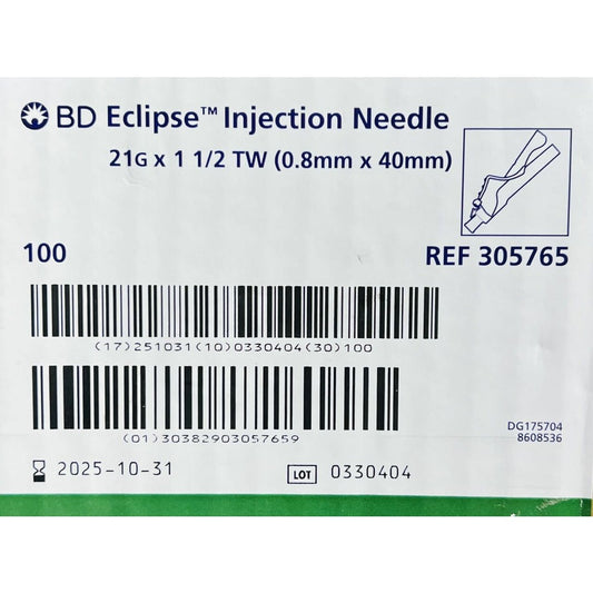 BD ECLIPSE™ STERILE NEEDLES 21G X 1½", 305765 - Box of 100