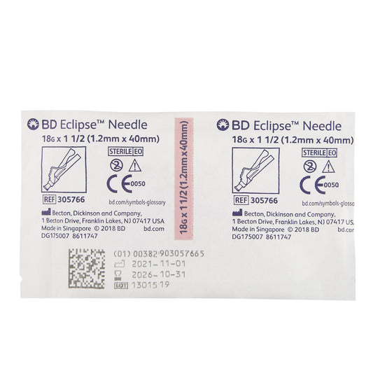 BD ECLIPSE™ STERILE NEEDLES 18G X 1½", 305766 -Box of 100