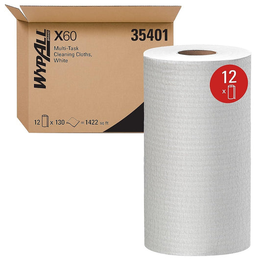 WypAll® X60 Reusable Cloths, White, Small Roll, 130 Sheets, 12 Rolls, 35401