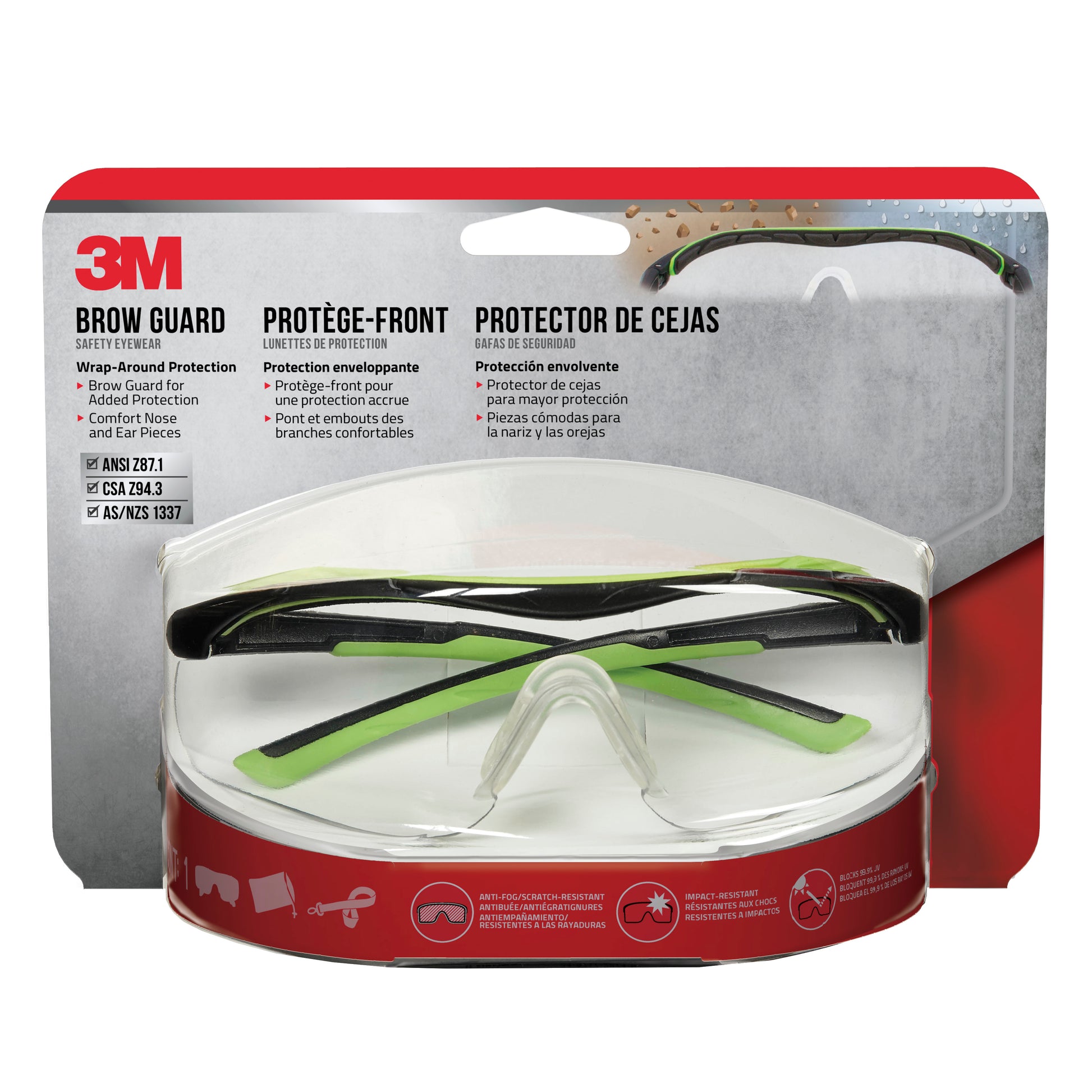 3M™ Brow Guard Safety Eyewear 47100H1-DC, Black & Green Frame, Clear Lens - 4 Per Case