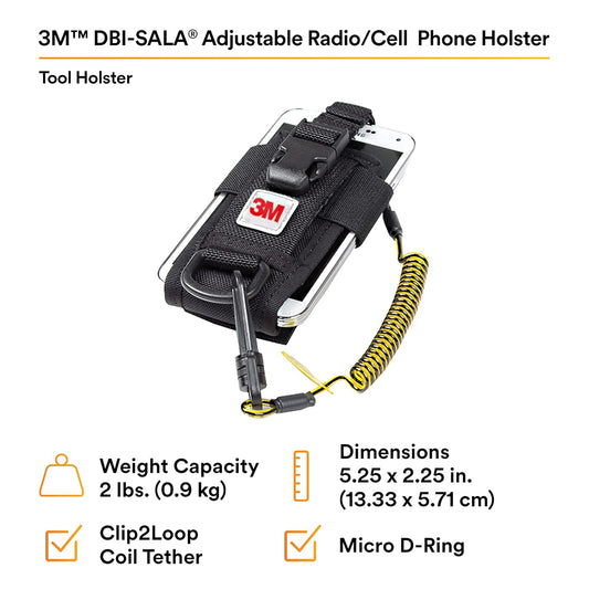 3M™ DBI-SALA® Adjustable Radio/Cell Phone Holster, 1500089, with Clip2Loop Coil and Micro D-ring, black, 5.25 in x 2.25 in (13.3