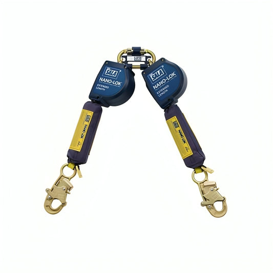 3M™ DBI-SALA® Nano-Lok™ Extended Length Twin-Leg Self Retracting Lifeline, 3101628, web, Quick Connect, 10 ft (3 m) web