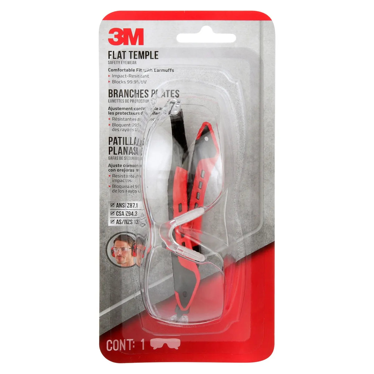 3M™ Flat Temple Safety Eyewear 47010H1-DC, Black &amp; Red Frame, Clear Lens - 6 Per case
