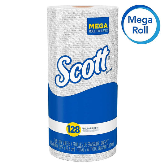 Scott® Perforated Kitchen Roll Towels, White, 1 Ply, 128 Sheets, 20 Rolls, 41482