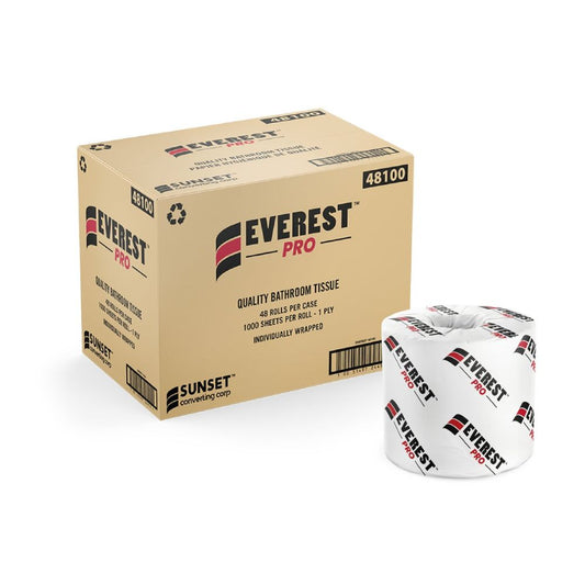 Everest Pro ™ White Standard Toilet Paper, 1000 Sheets, 1-Ply, 4" x 3" x 4.38" - Case of 48 Rolls