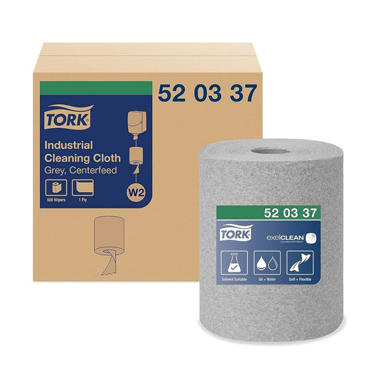 Tork® Industrial Cleaning Cloth, Centrefeed Maxi Roll Wiper, Grey, 500 Sheets/Roll, 520337