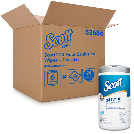 Scott® 24 Hour Sanitizing Wipes, White, 75 Sheets/Pack, 6 Packs/Case, 53686