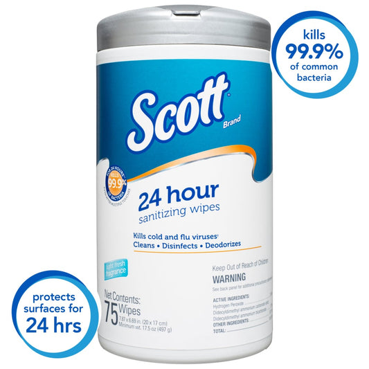 Scott® 24 Hour Sanitizing Wipes, White, 75 Sheets/Pack, 6 Packs/Case, 53686