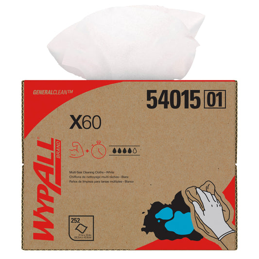 WypAll® X60 Multi-Task Cleaning Cloths, Brag Box, White, 11.1" x 16.8", 252 Cloths/Box, 54015